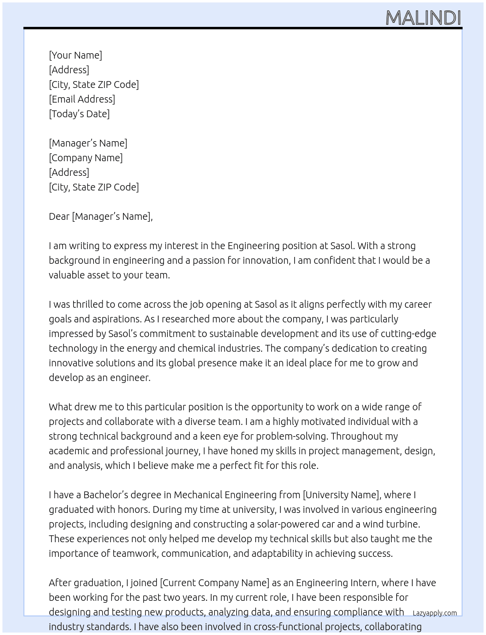 engineering At sasol Cover Letter