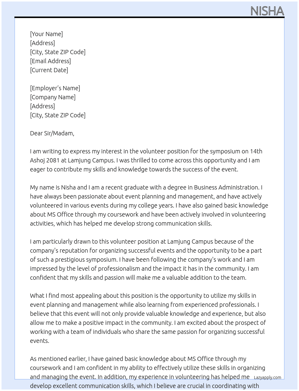 volunteer in symposium on 14th Ashoj 2081 At lamjung campus Cover Letter