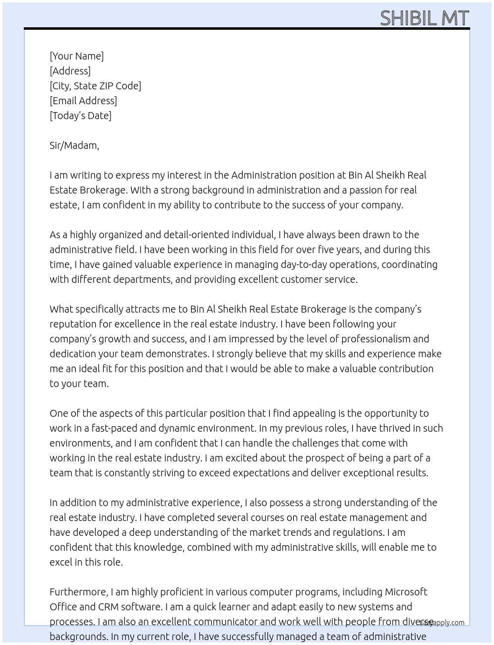 Administration  At Bin Al Sheikh Real Estate Brokerage Cover Letter