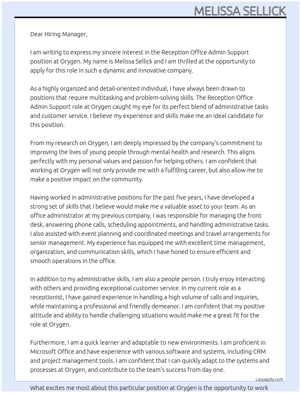 Reception office admin support At Orygen  Cover Letter