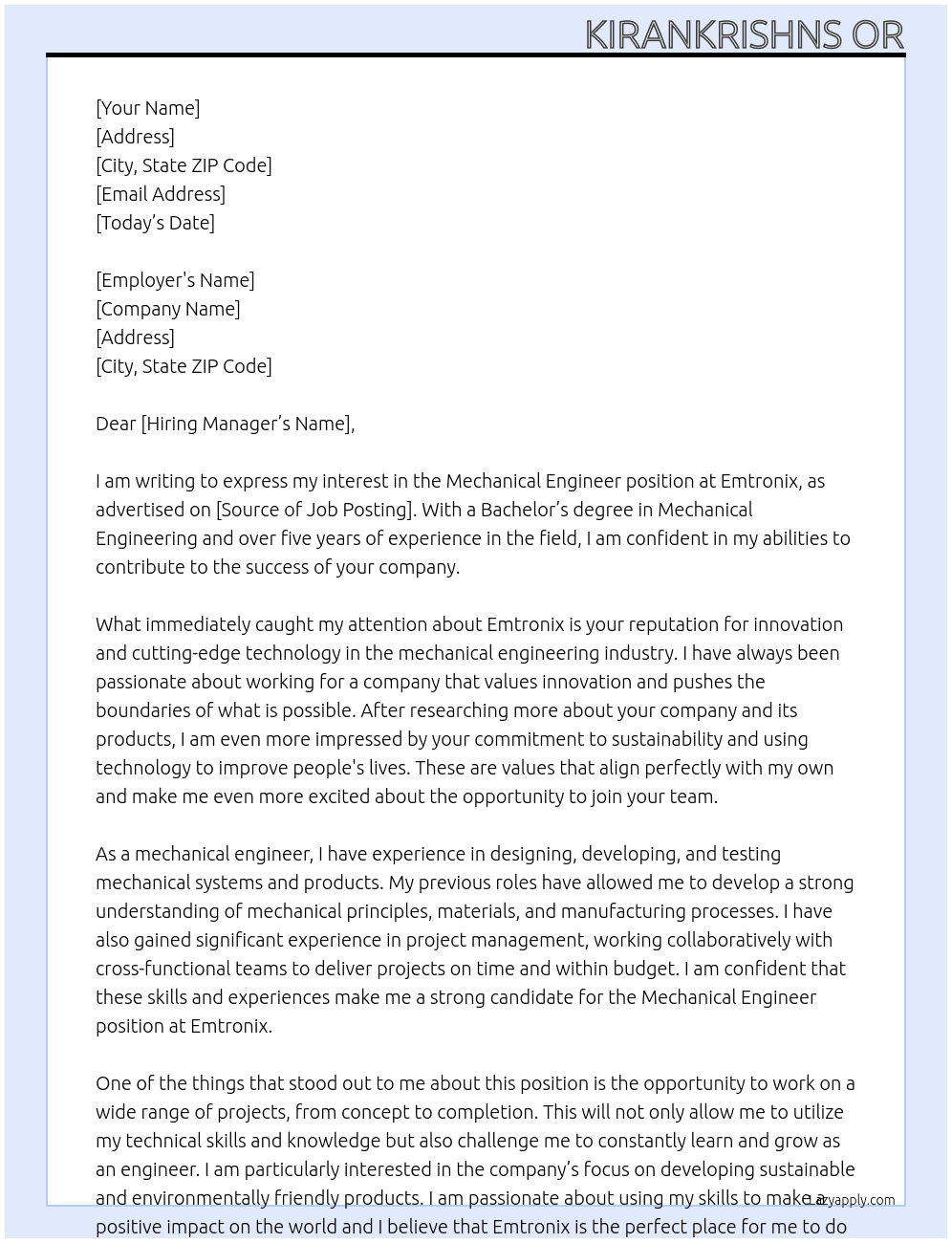 Mechanical engineer  At Emtronix Cover Letter