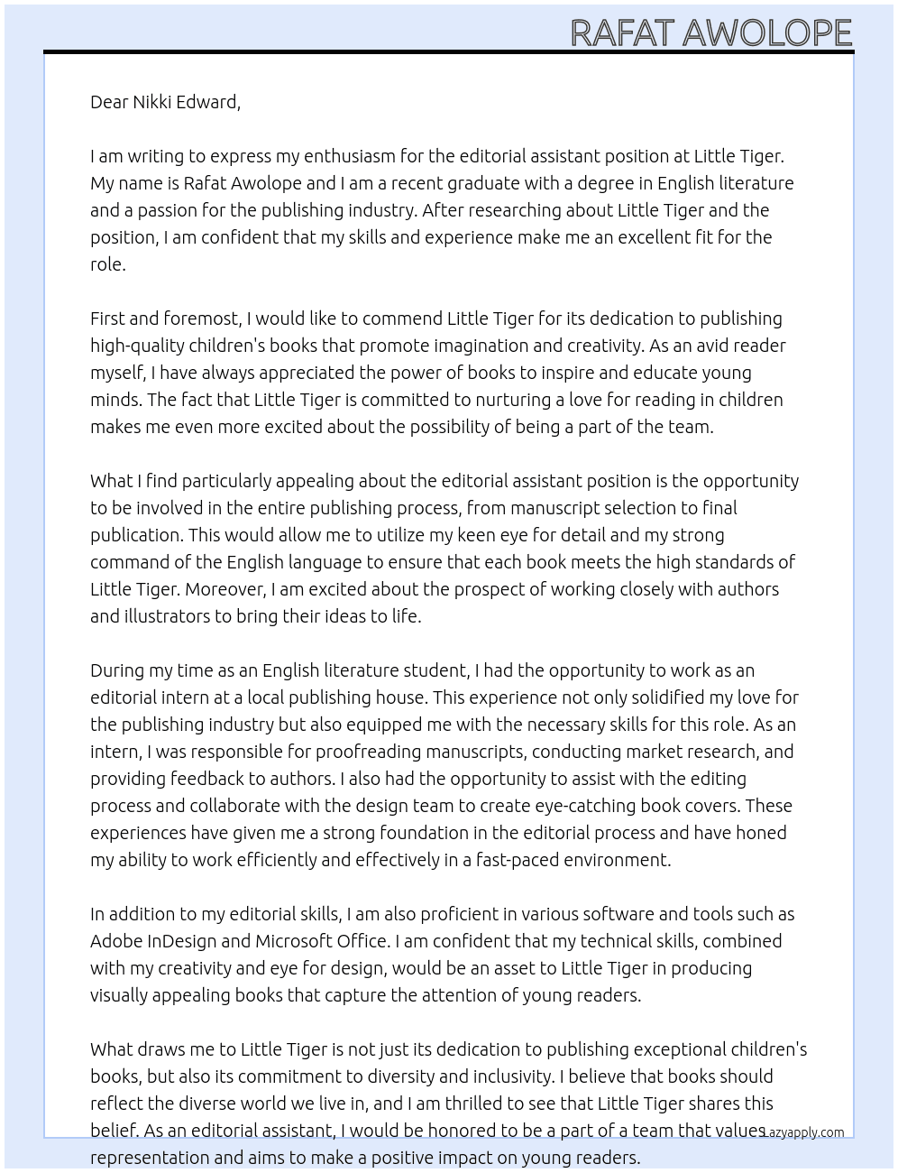editorial assistant At little tiger Cover Letter