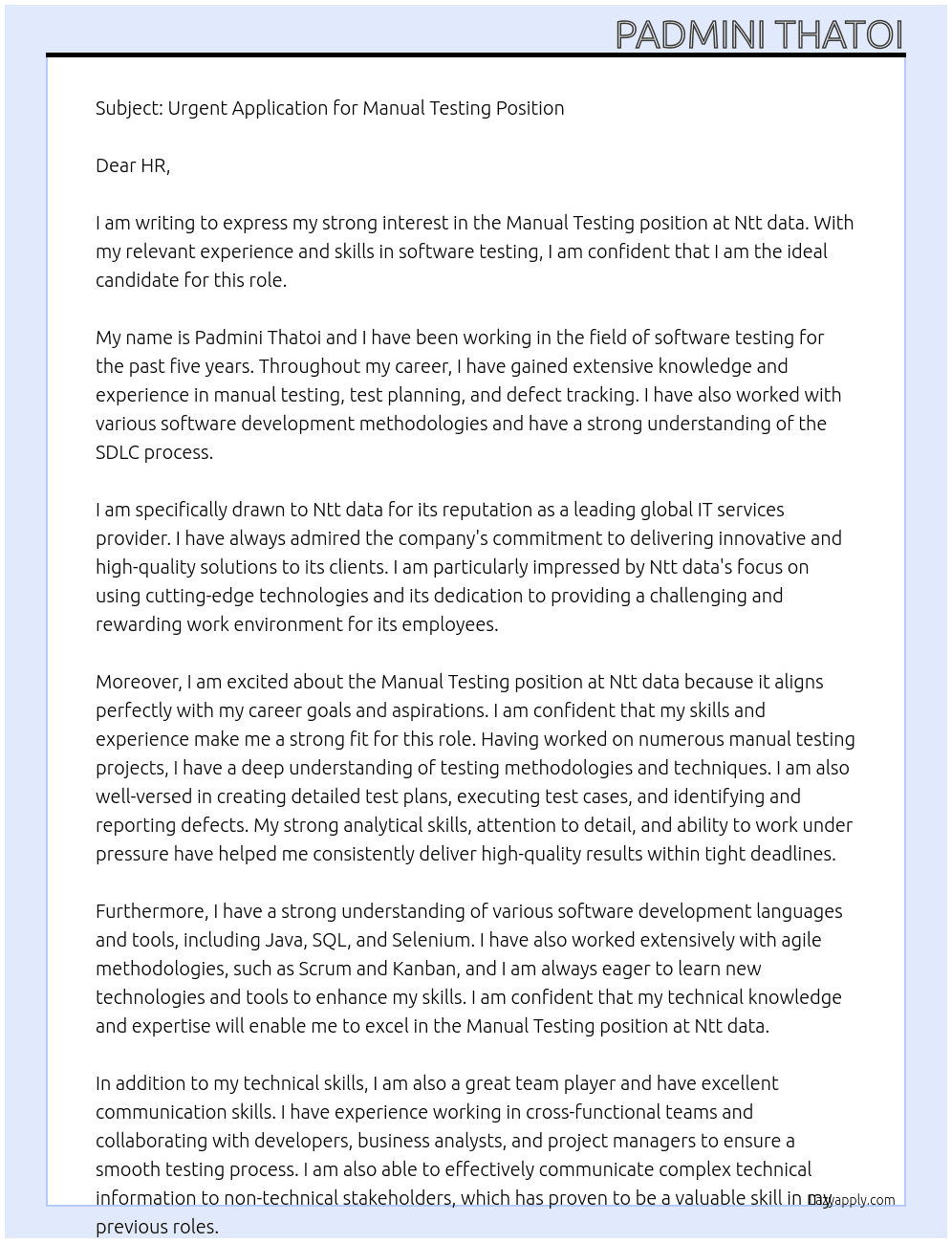Manual Testing At Ntt data Cover Letter