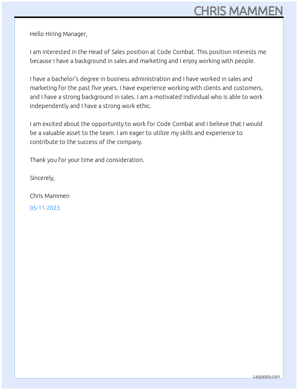Head of Sales At Code Combat Cover Letter