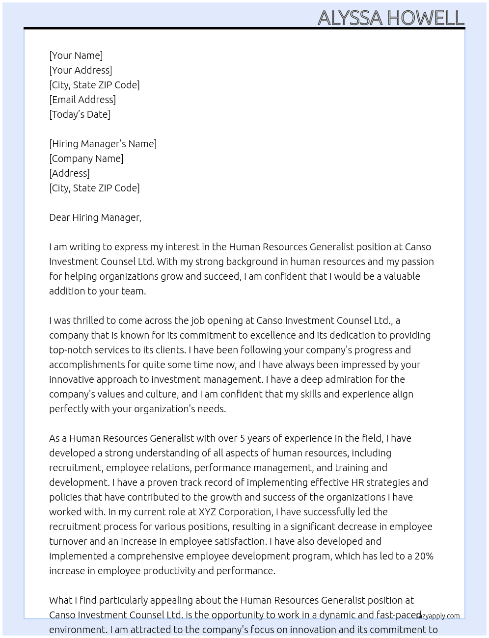 Human Resources Generalist At Canso Investment Counsel Ltd. · Cover Letter