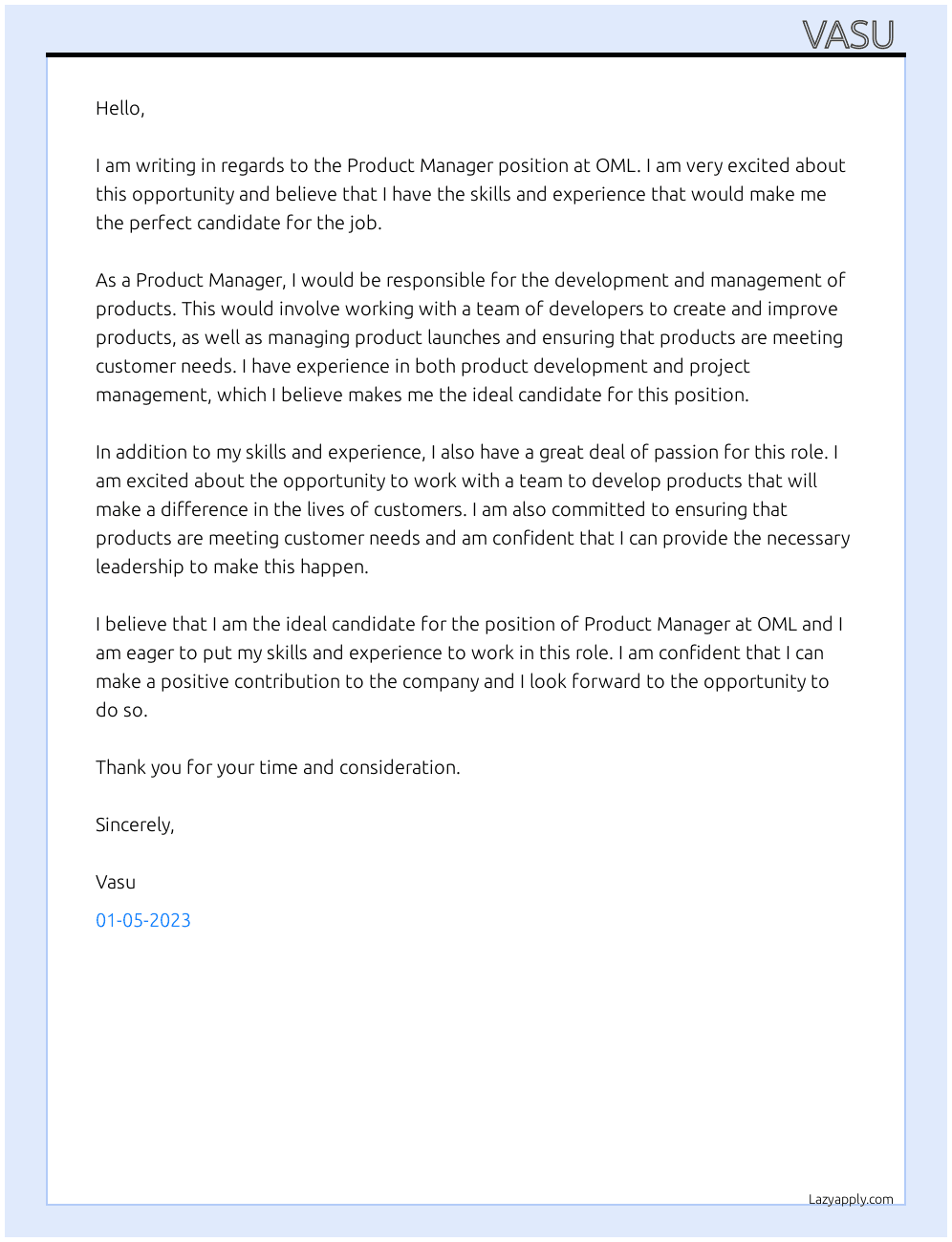 Product Manager At OML Cover Letter