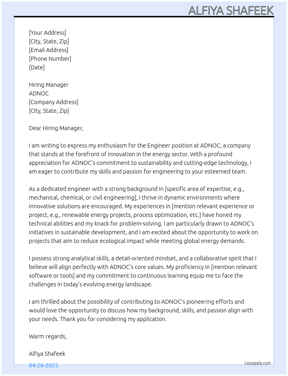 Engineer At adnoc Cover Letter