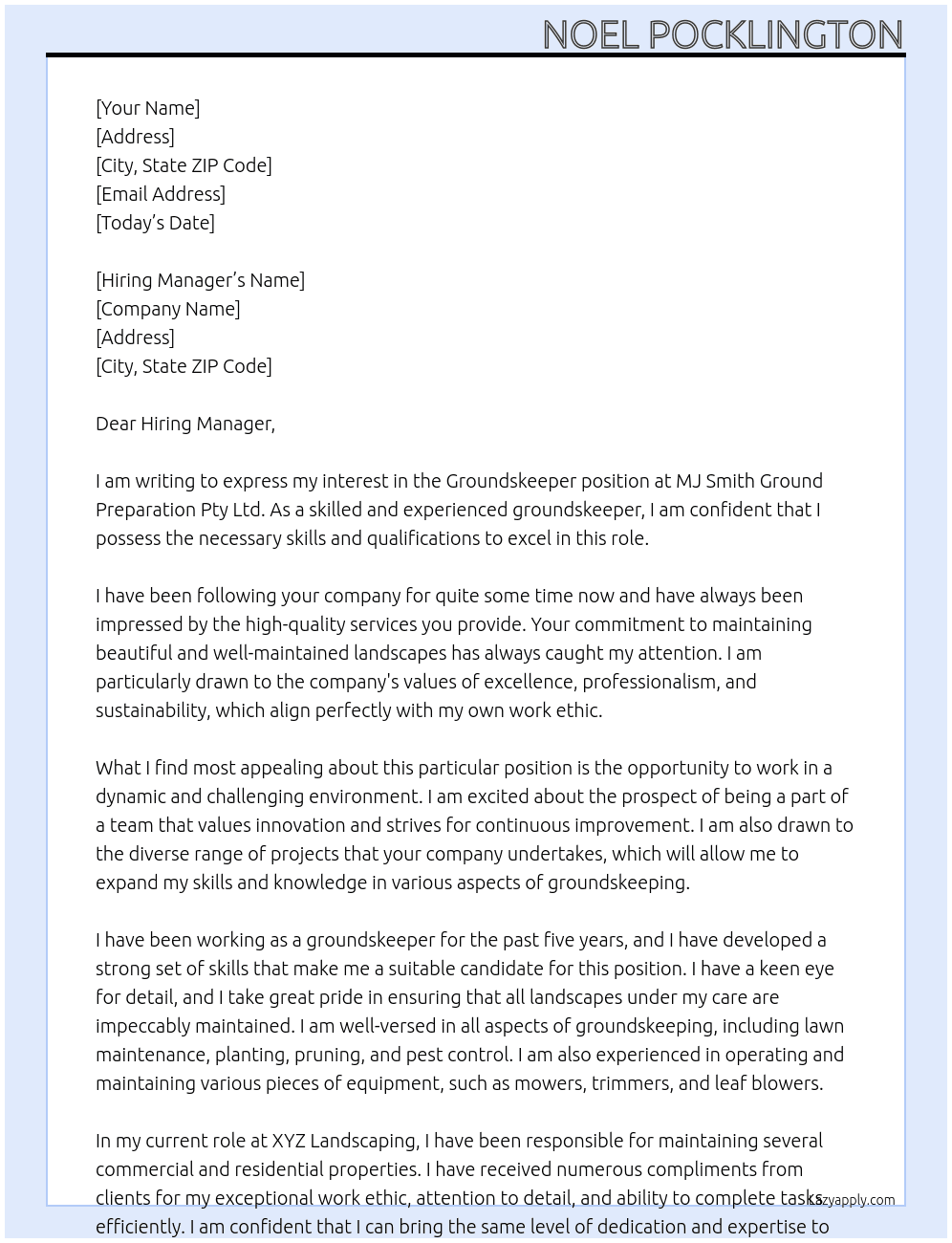 Groundskeeper At MJ Smith Ground Preparation Pty Ltd Cover Letter