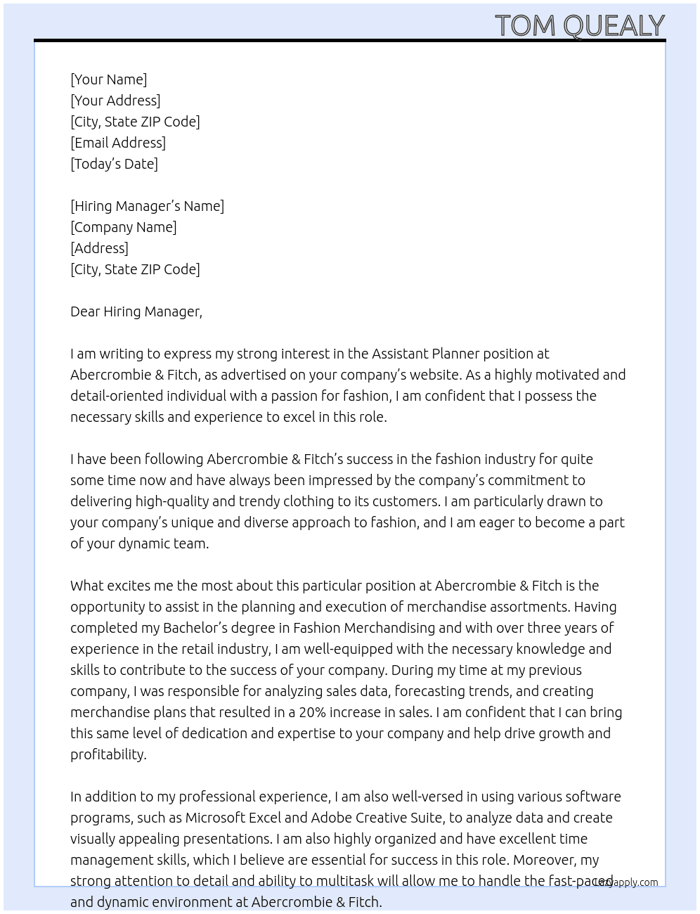 assistant planner At Abercrombie & Fitch Cover Letter