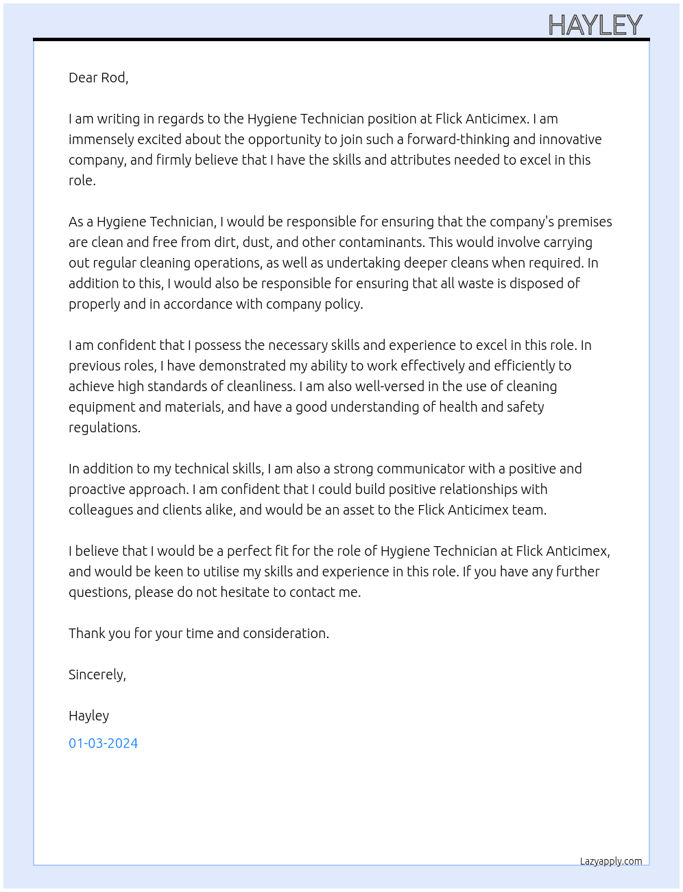 Hygiene Technician At Flick Anticimex  Cover Letter