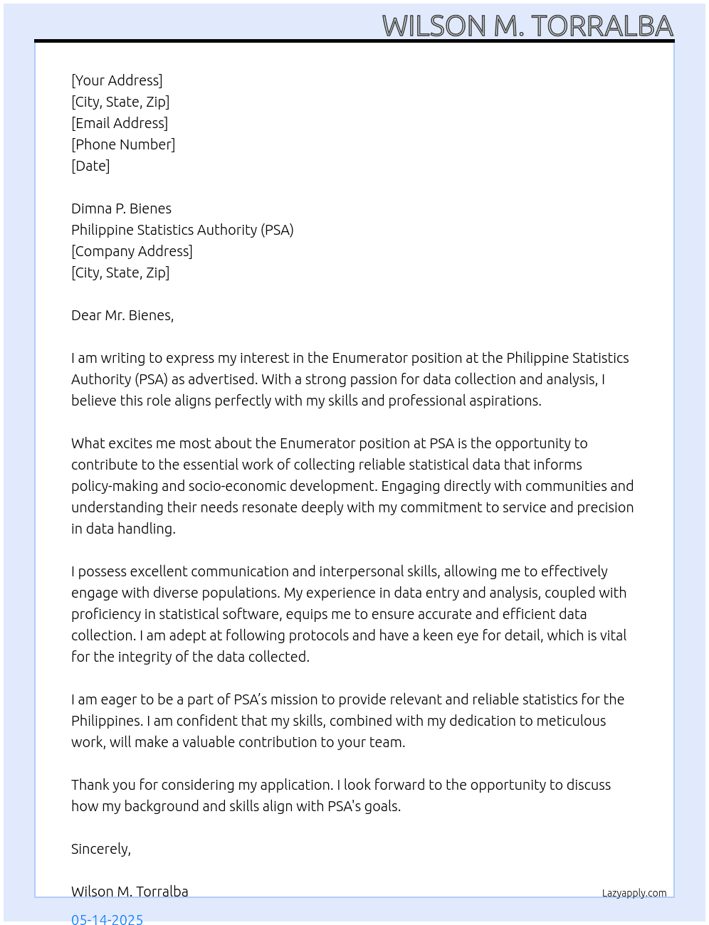 ENUMERATOR At PSA Cover Letter