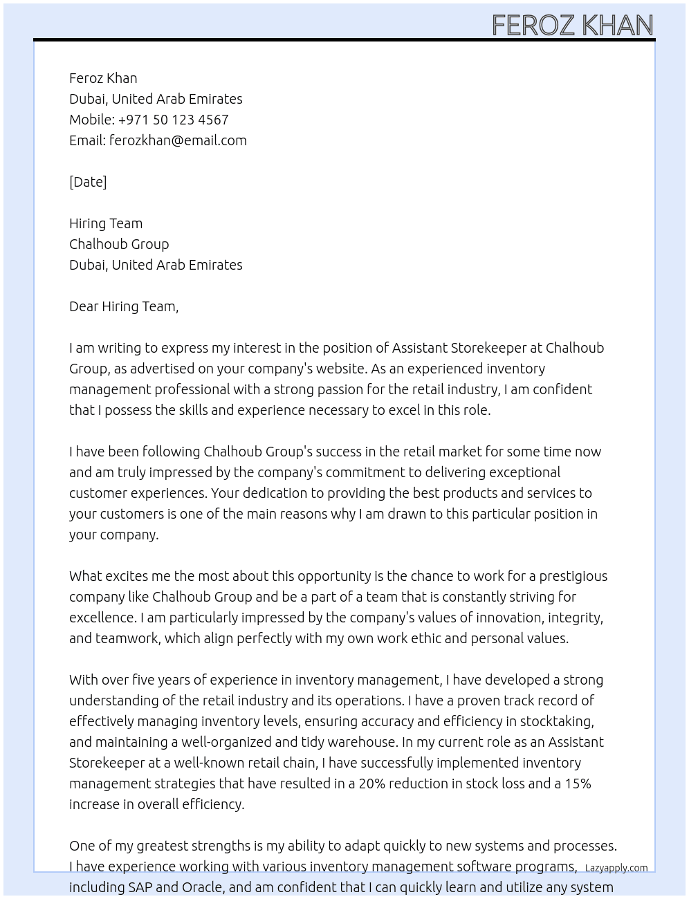 Assistant Storekeeper At Chalhoub Group Cover Letter