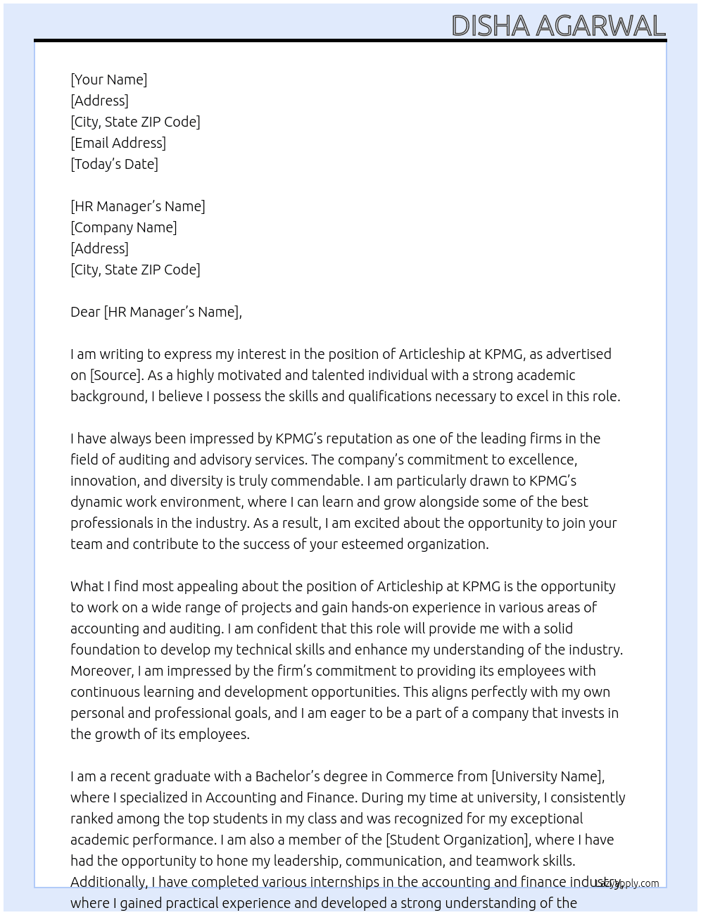 Articleship At KPMG Cover Letter