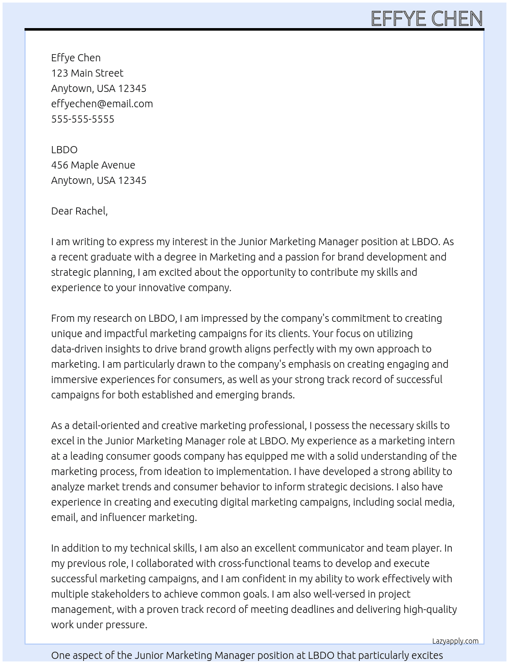 Junior Marketing Manager At LBDO Cover Letter