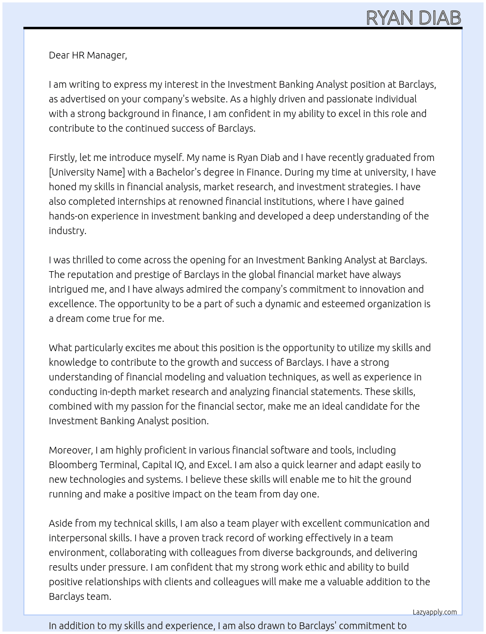 Investment Banking analyst At barclays Cover Letter