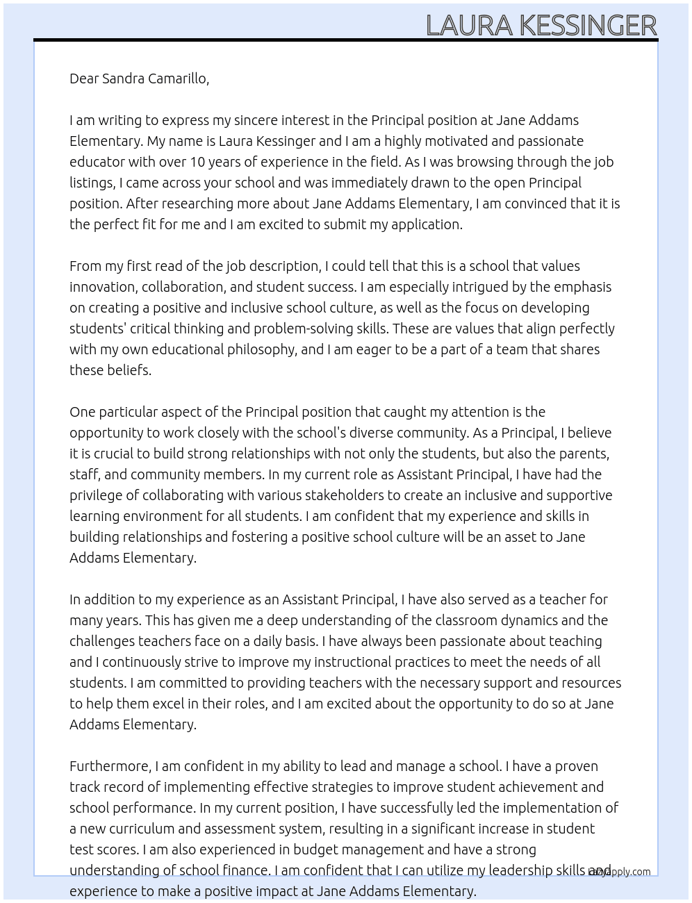 Principal At Jane Addams Elementary Cover Letter
