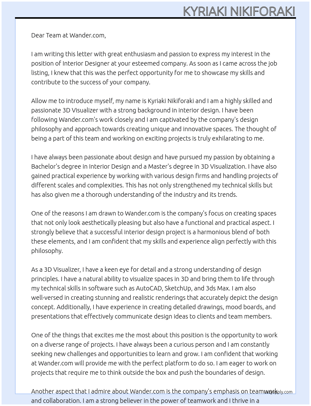 Interior Designer At Wander.com Cover Letter