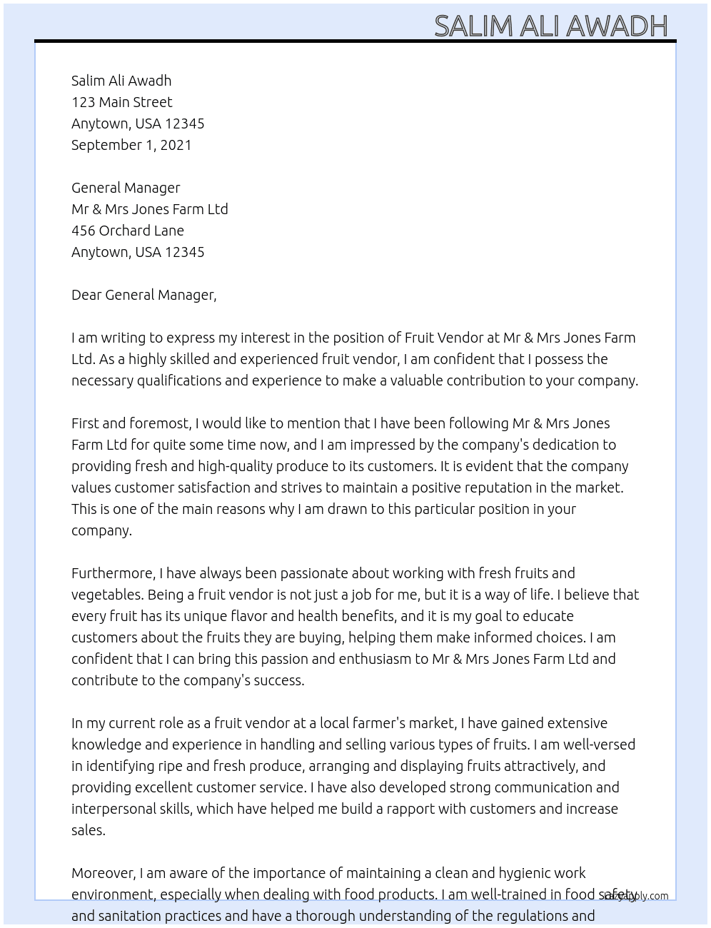 Fruit Vendor  At Mr & Mrs Jones Farm Ltd Cover Letter