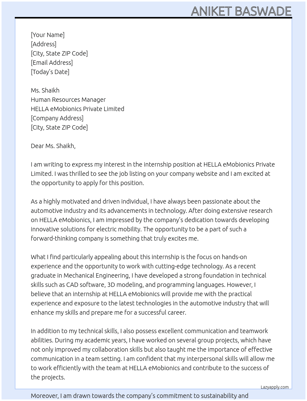 Intenship At HELLA eMobionics Private Limited Cover Letter