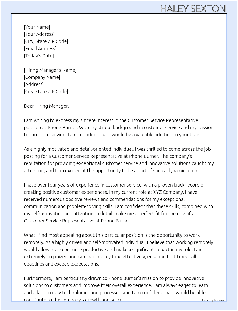Customer Service Representative  At Phone Burner Cover Letter