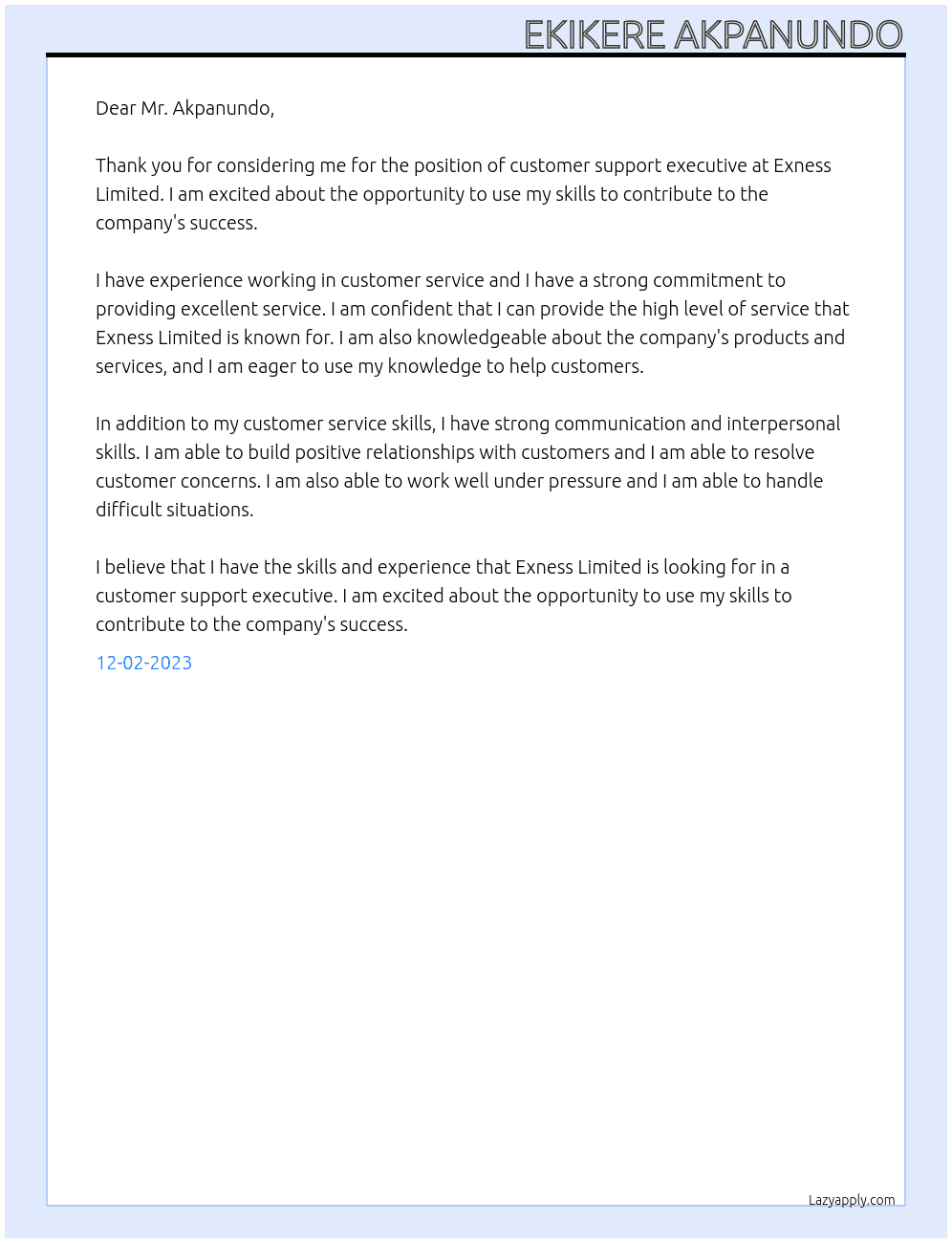 Customer support executive At Exness limited Cover Letter