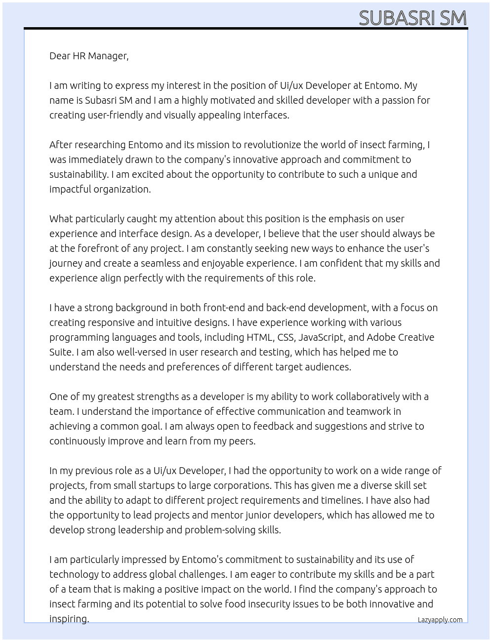 Ui/ux developer  At Entomo Cover Letter