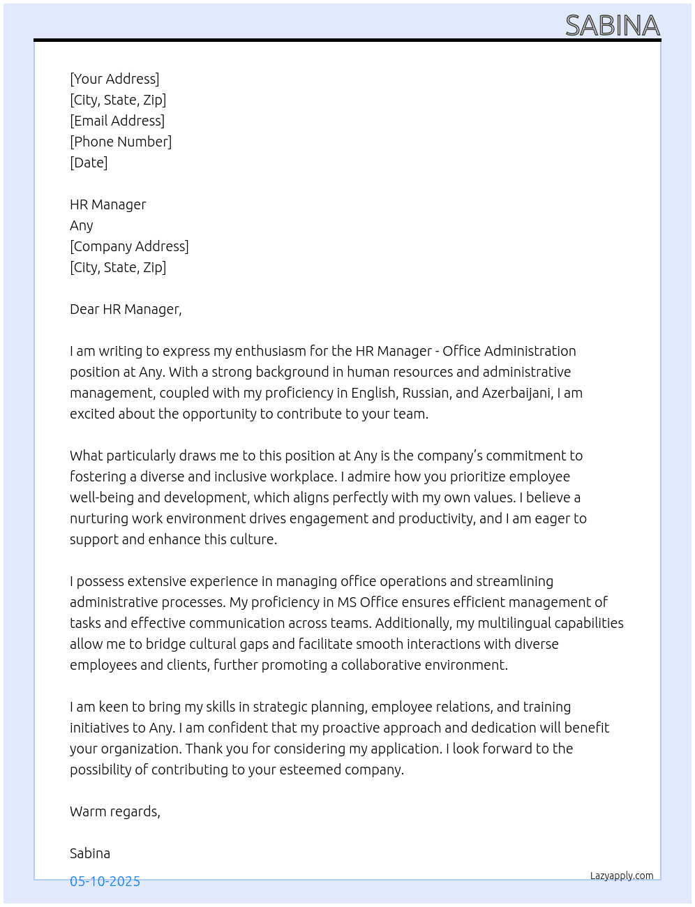 Cover letter for hr manager office administration - LazyApply