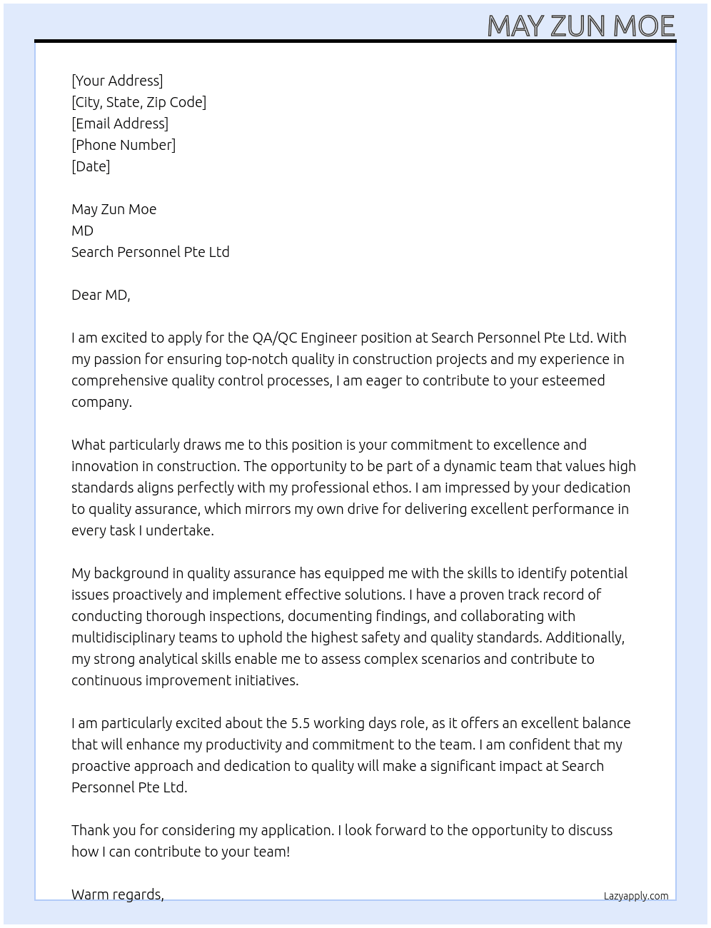 Cover letter for qa/qc engineer for construction - LazyApply