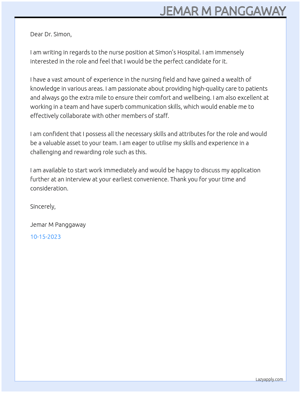 Nursing At Simon’s Hospital Cover Letter