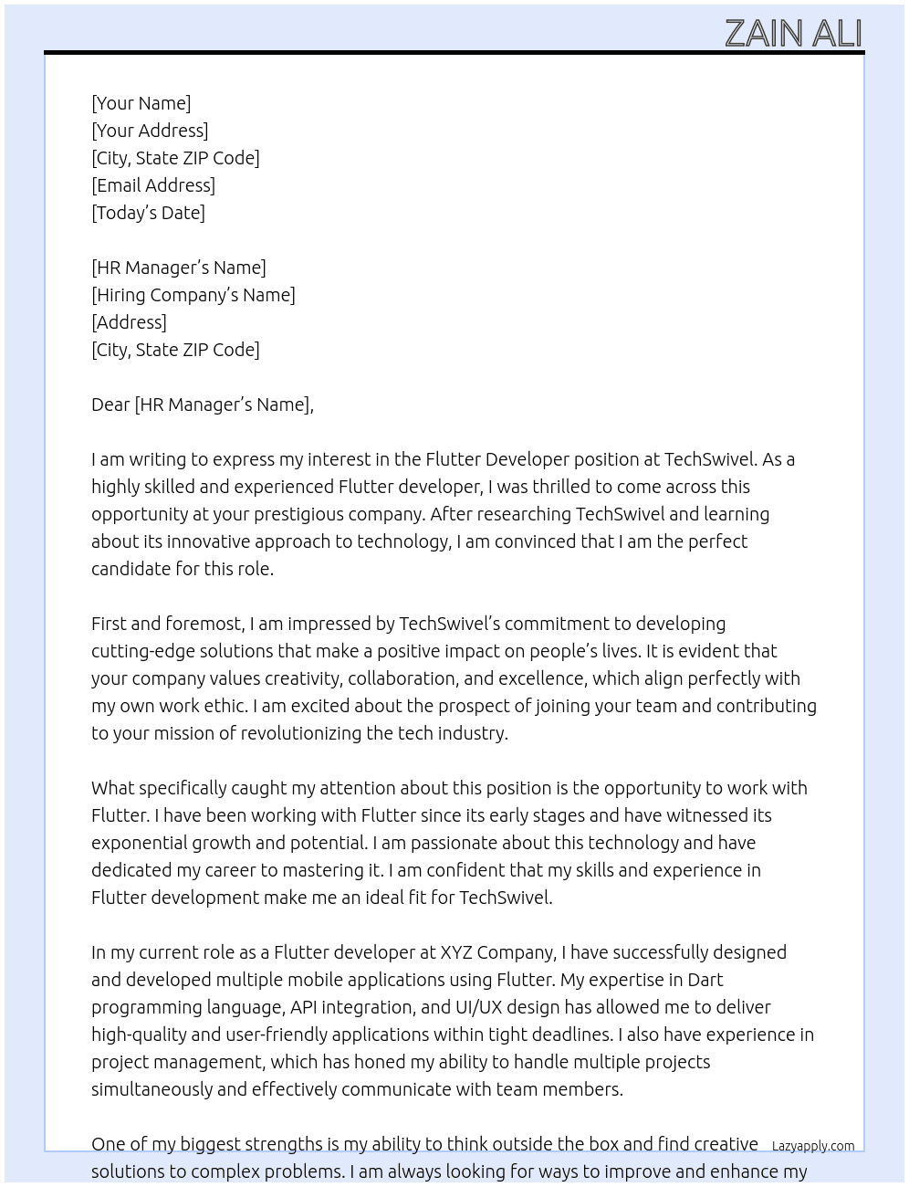 Fluter developer At TechSwivel Cover Letter
