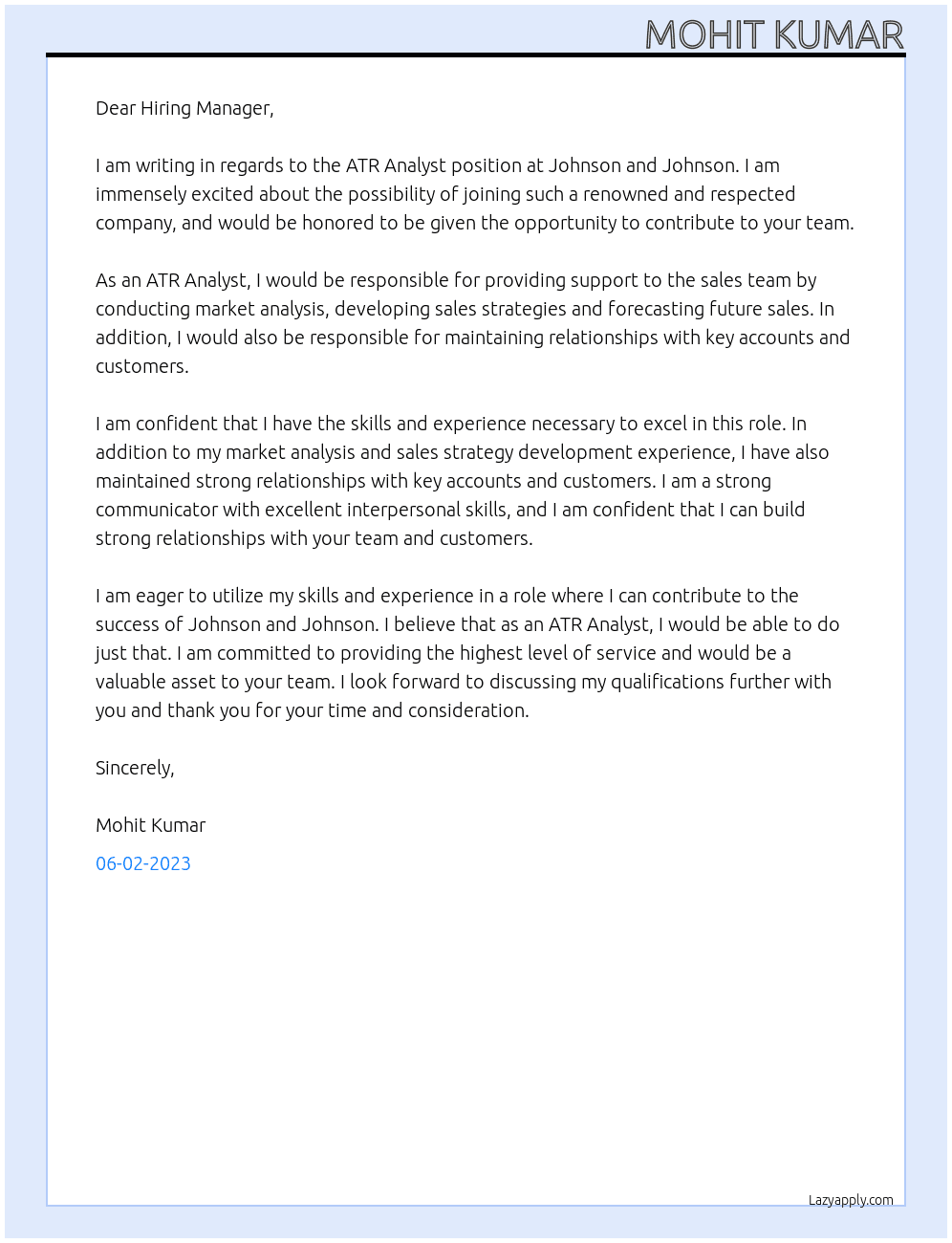 ATR Analyst  At johnson and johnson Cover Letter