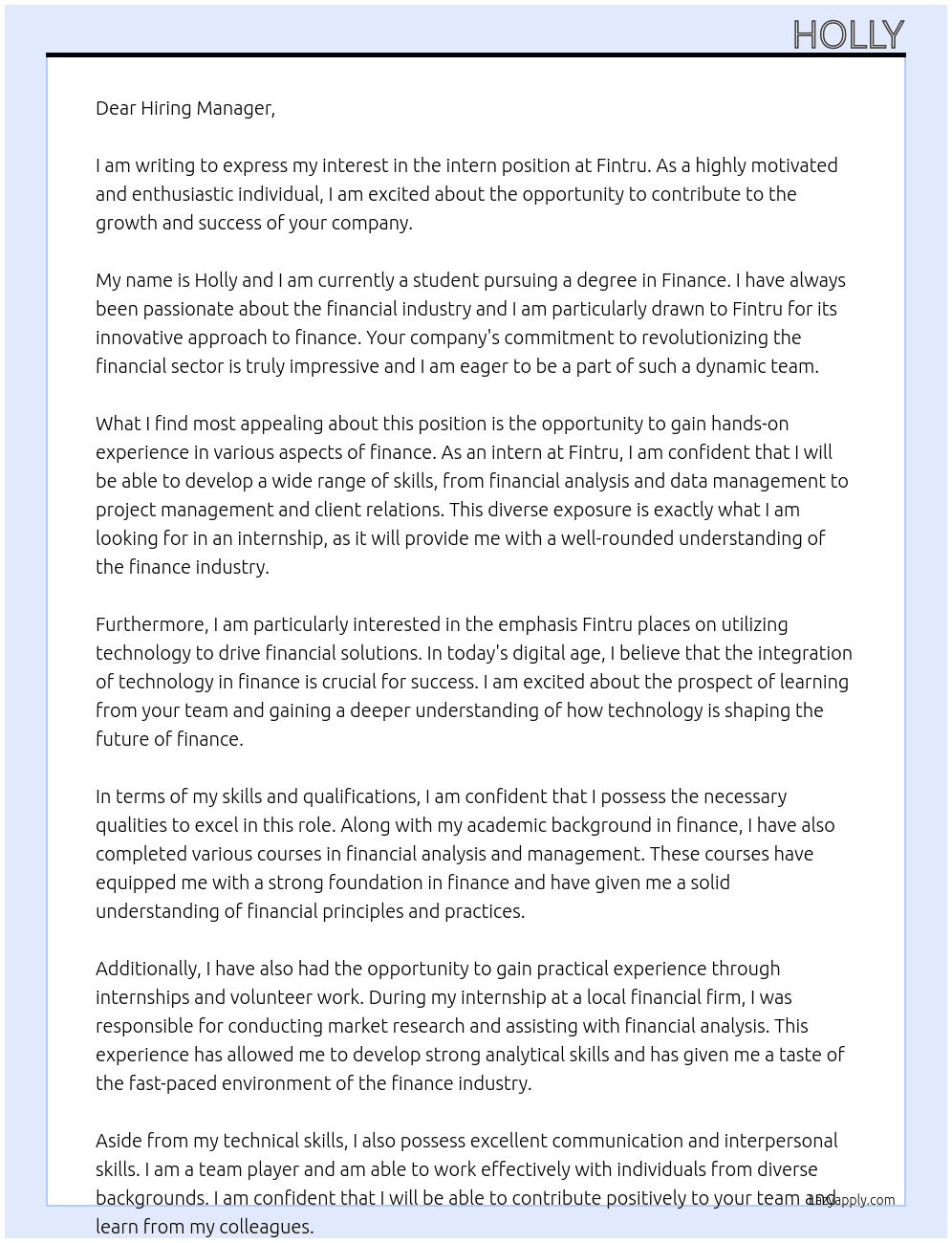 intern At Fintru Cover Letter