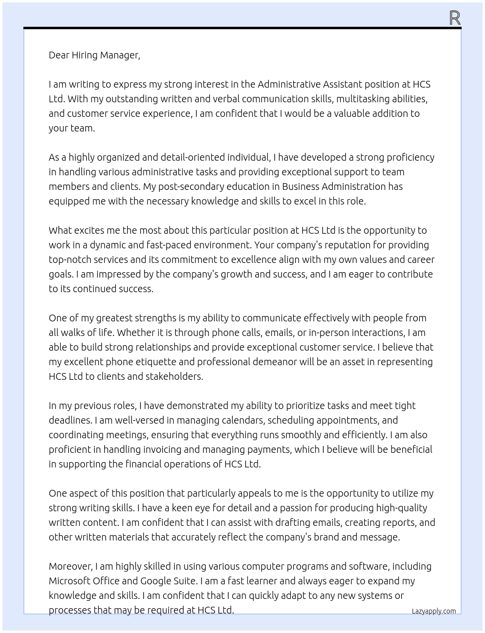 Administrative Assistant At HCS Ltd Cover Letter