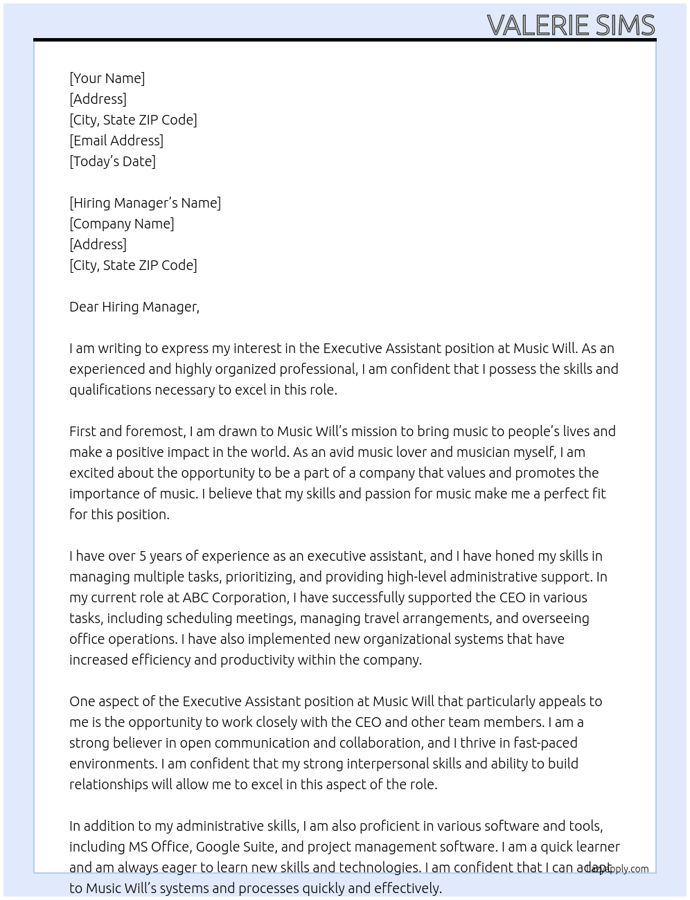 Executive assistant At Music Will Cover Letter