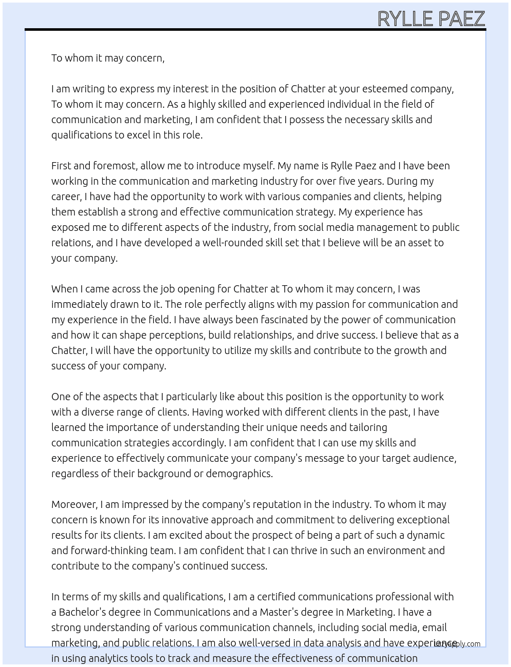 Chatter At To whom it may concern Cover Letter