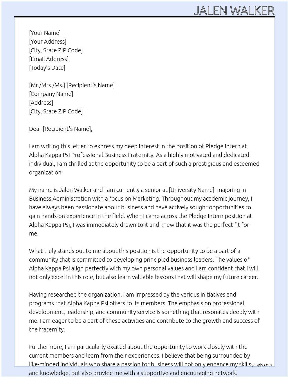Pledge Intern At Alpha Kappa Psi Professional Business Fraternity Cover Letter