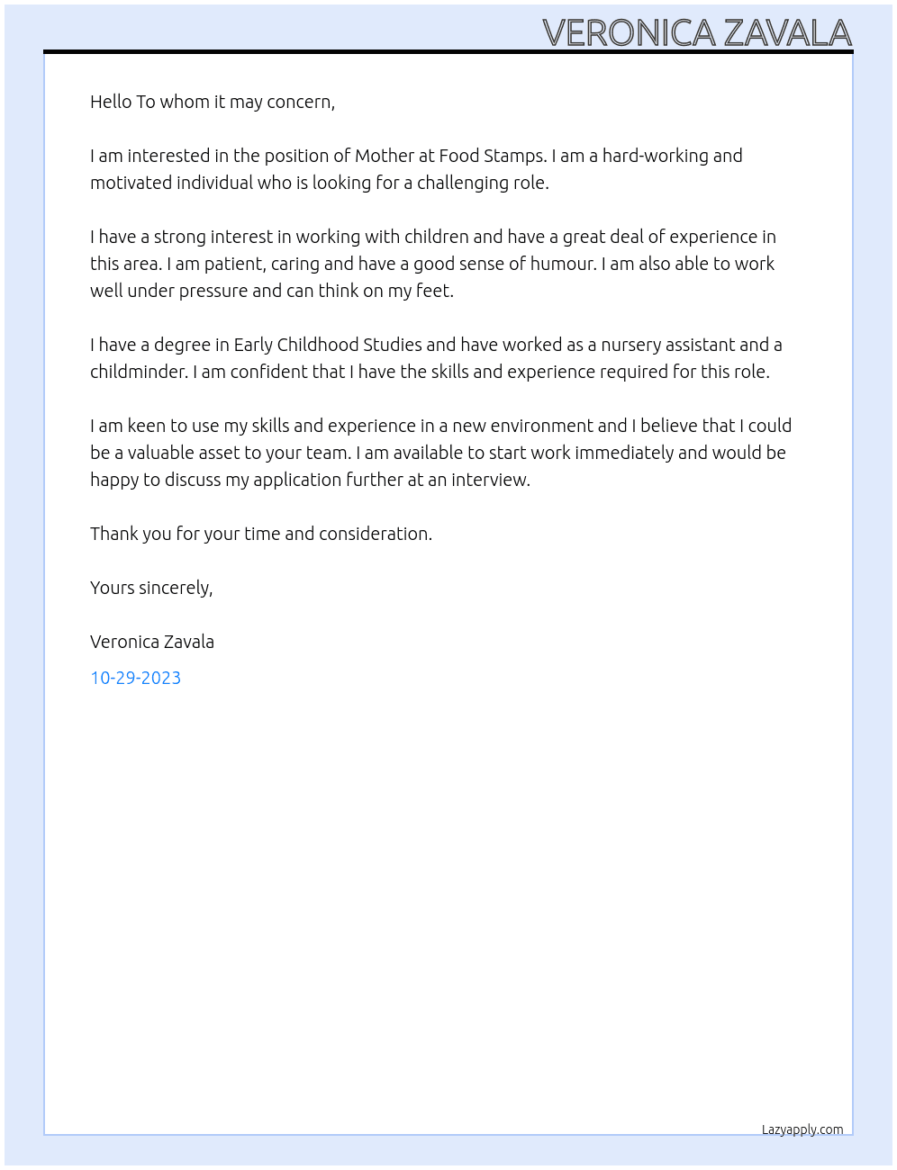 Mother At Food stamps  Cover Letter