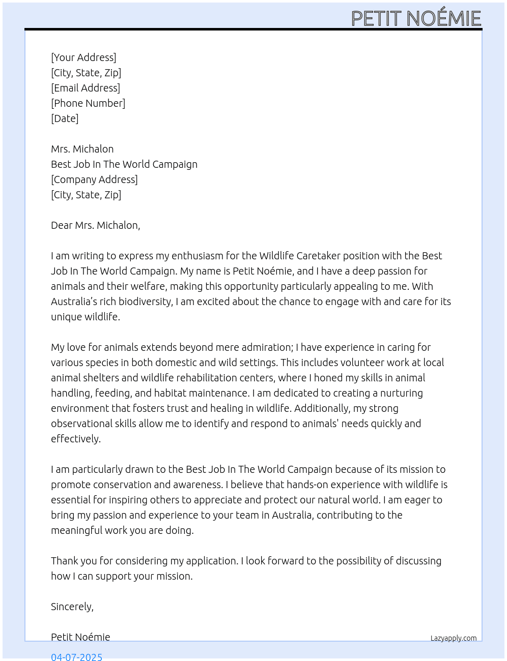 wildlife caretaker At Best Job In The World Campaign Cover Letter