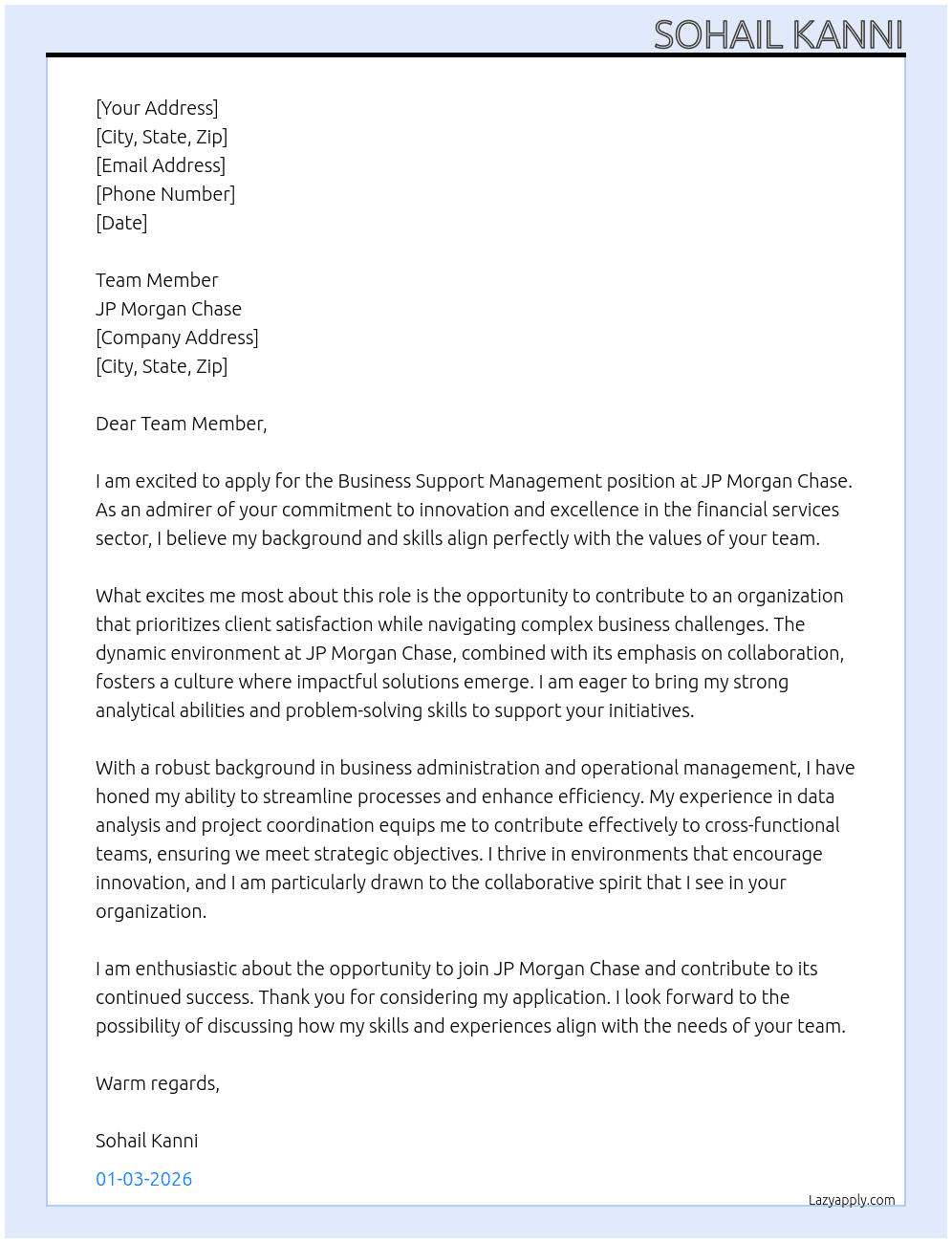 Cover letter for business support management - LazyApply