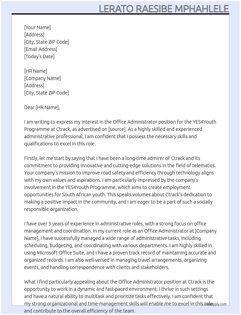 Office Administrator YES4Youth Programme At Ctrack Cover Letter