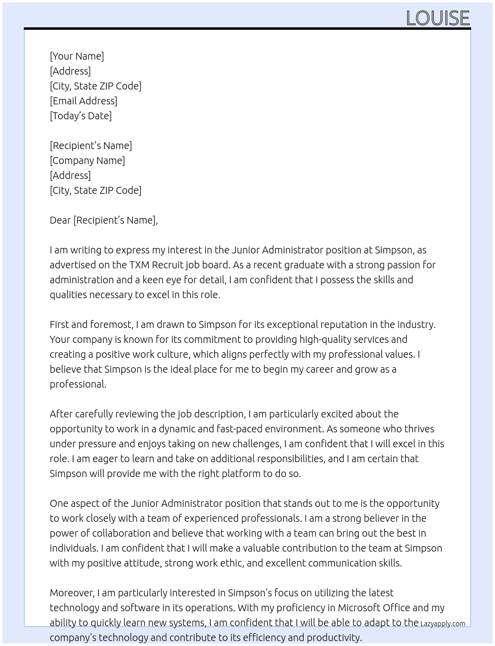 Junior Administrator At Simpson Cover Letter