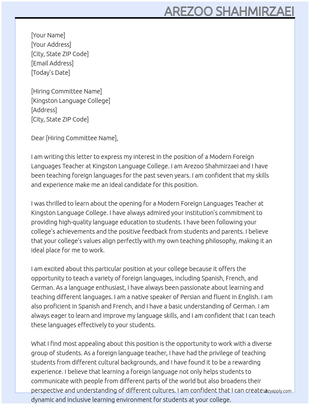 modern foreign languages teacher At Kingston Language college Cover Letter