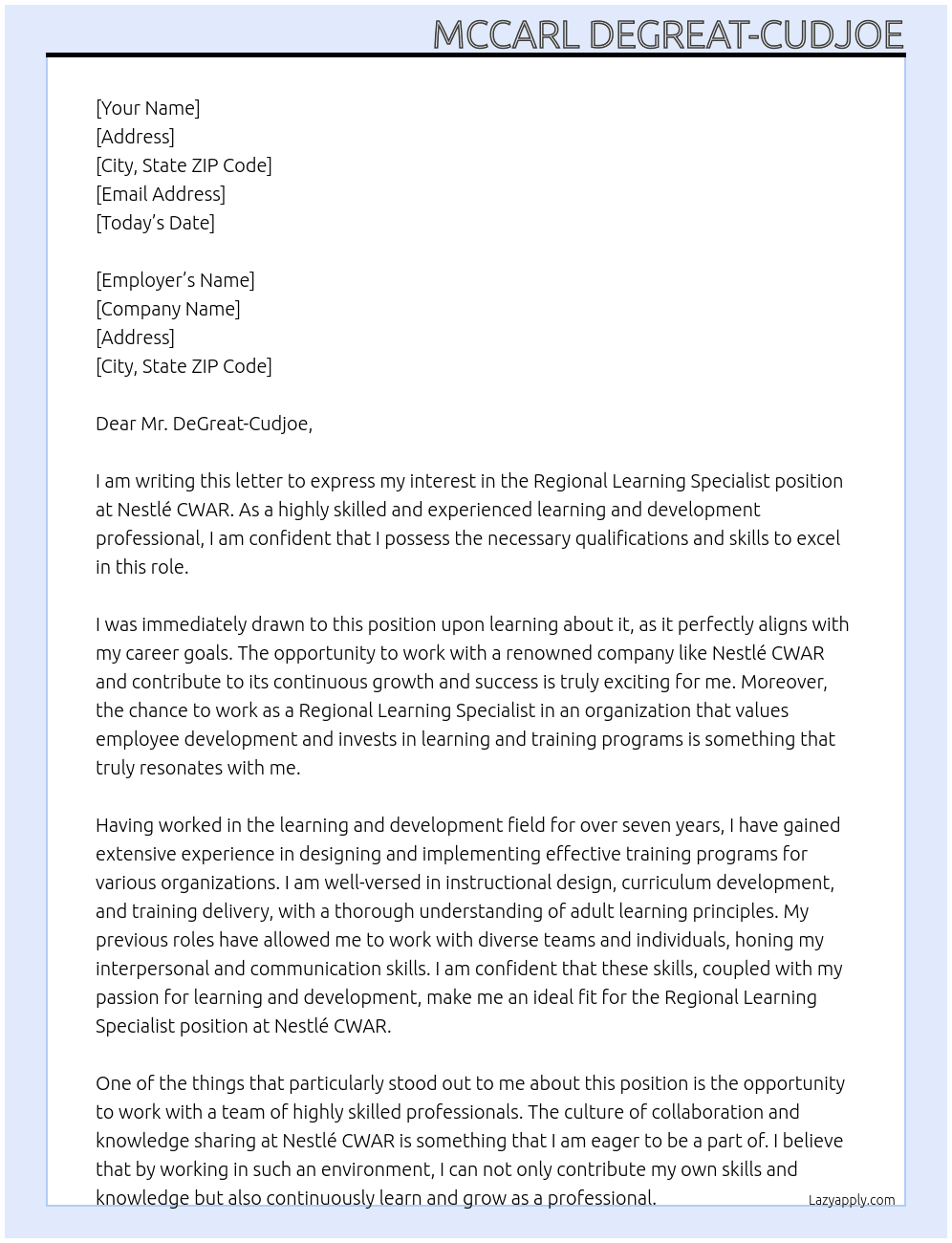Regional Learning Specialist At Nestlé CWAR Cover Letter