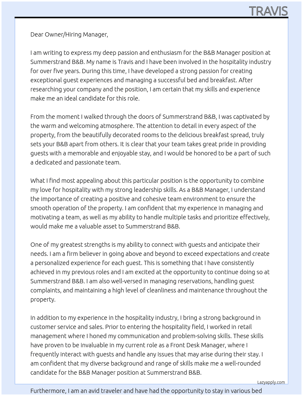 B&B manager At Summerstrand B&B Cover Letter