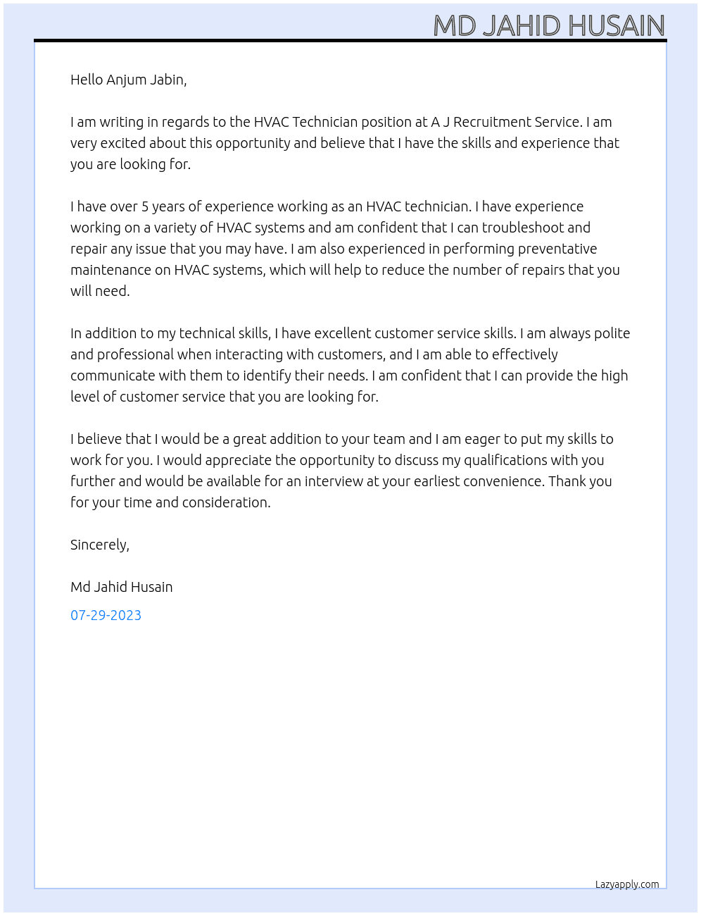 HVAC Technician At A J Recruitment Service Cover Letter