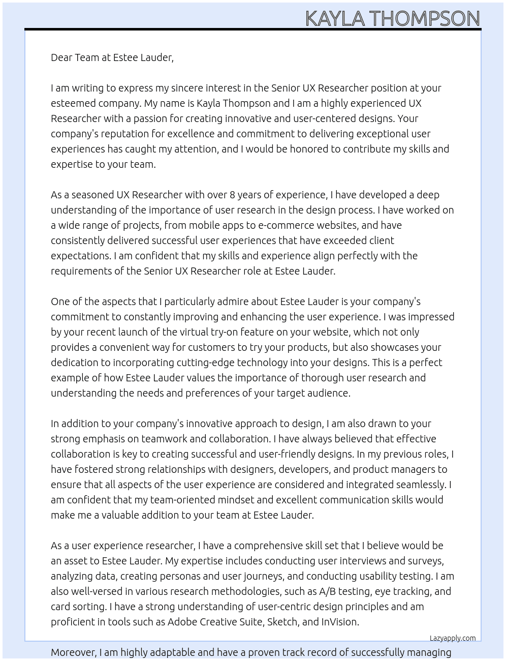 Senior UX Researcher At Estee Lauder  Cover Letter