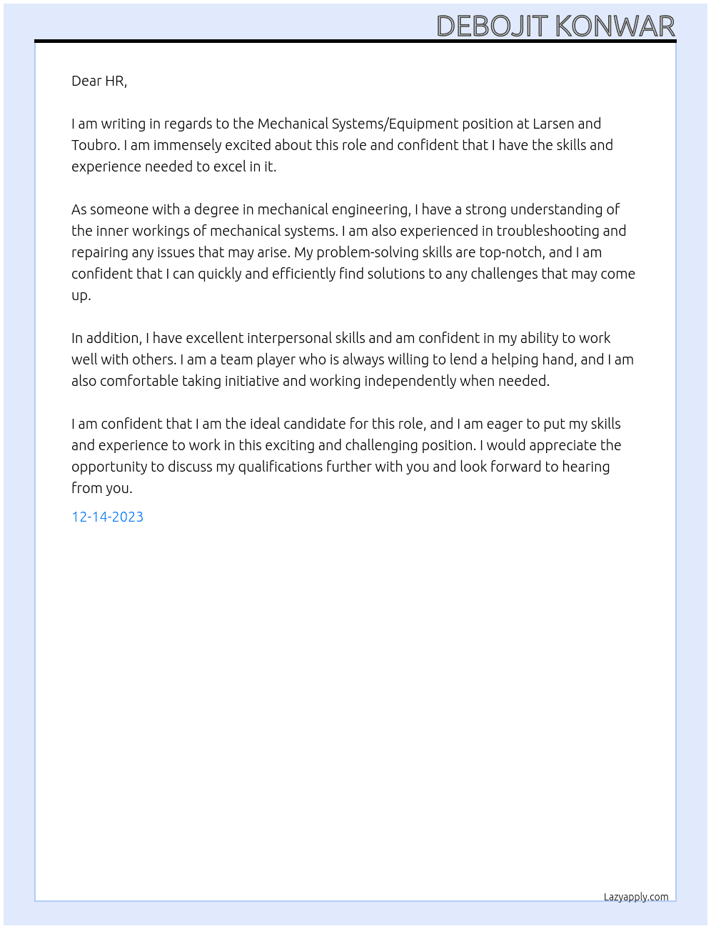 Mechaical system / equipment At Larsen and toubro Cover Letter