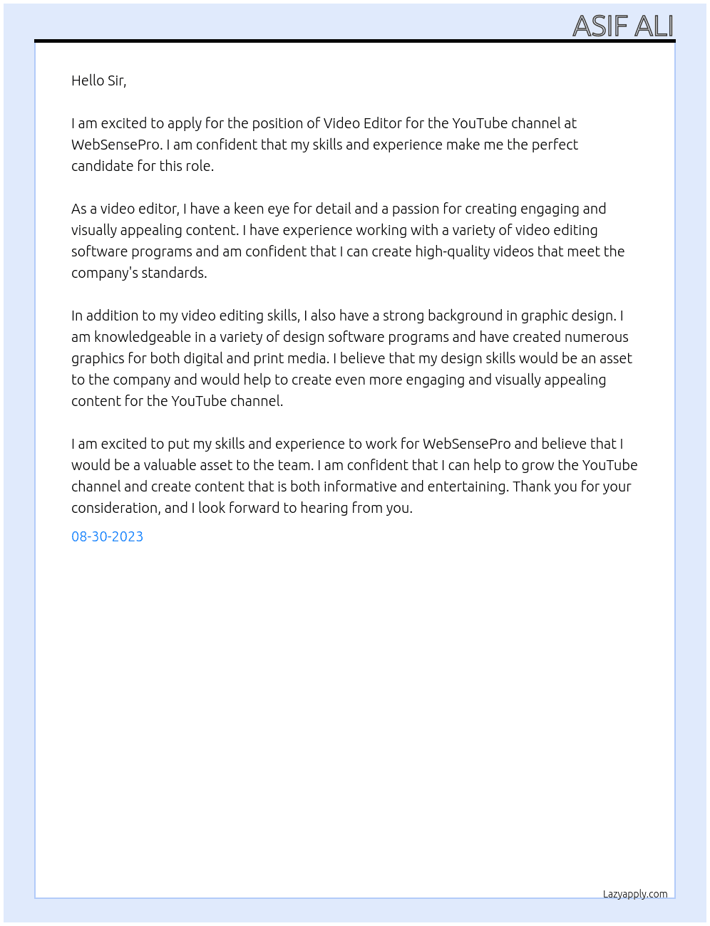 Video Editor for YouTube Channel At WebSensePro - Karachi Cover Letter