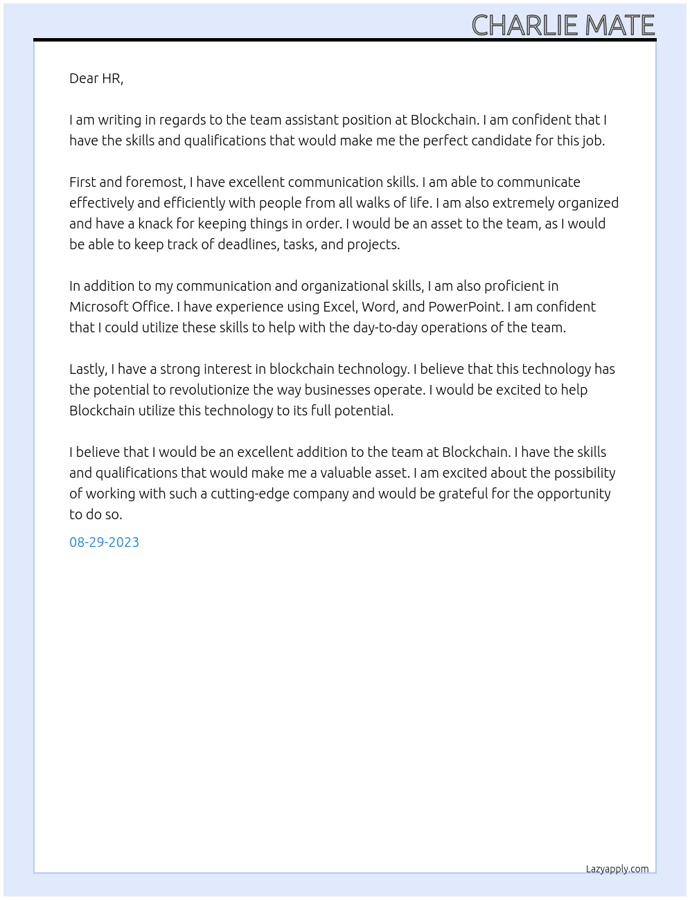 Team Assistant At Blockchain Cover Letter