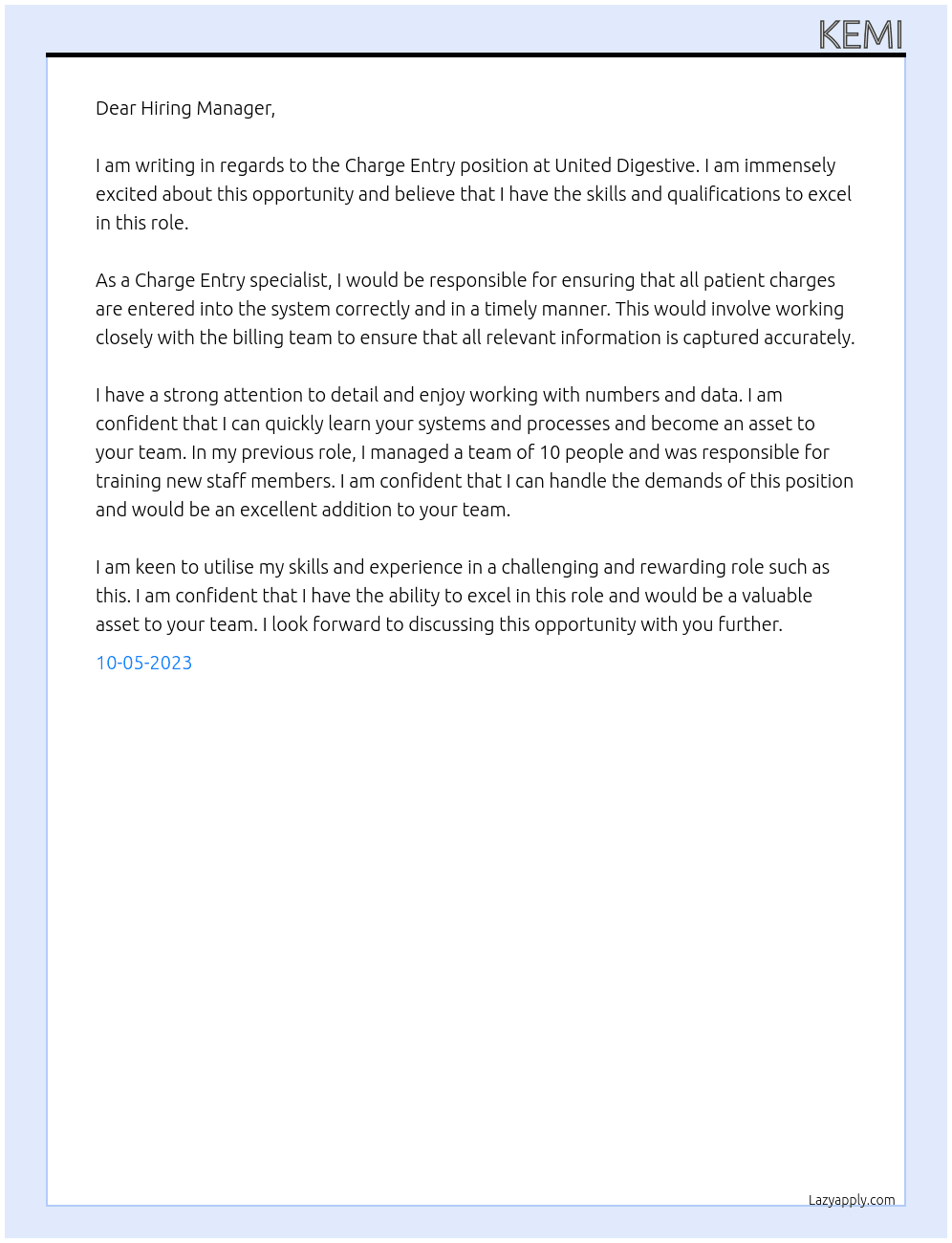 Charge Entry  At United Digestive  Cover Letter